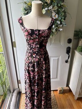 Black Floral Square-Neck Maxi Skirt Set with Pink Flowers